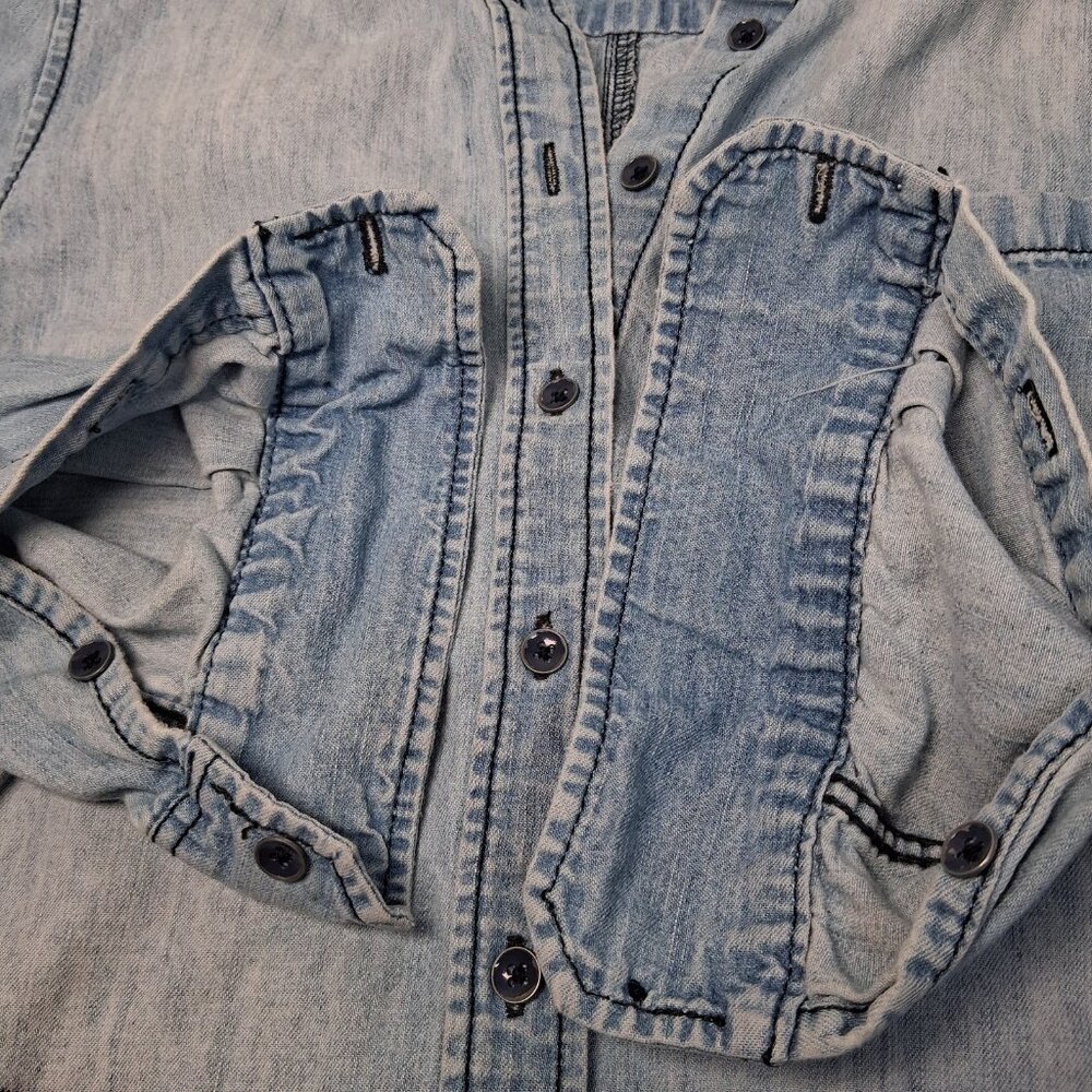 Reworked Chambray Denim Shirt Small Farm Rooster Calico Cottagecore Farmer - Picture 12 of 16